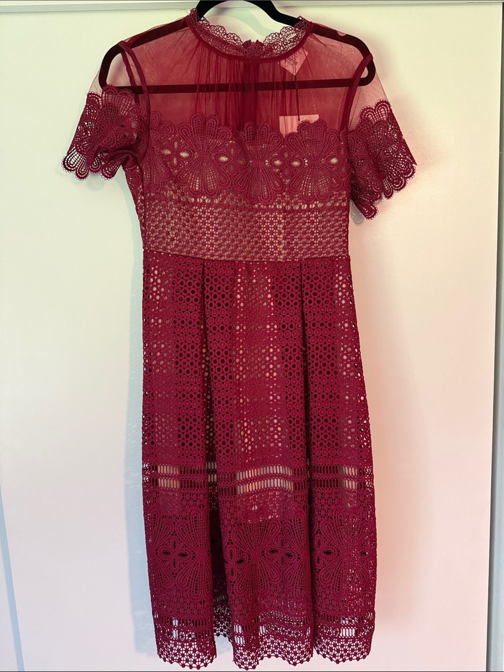Neiman Marcus Burgundy Lace Midi Dress